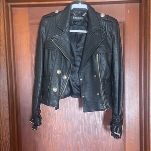 Balmain Black Leather Jacket with Gold Accents
